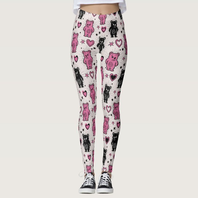 Cute Cartoon Teddy Bear Pattern Leggings (Front)