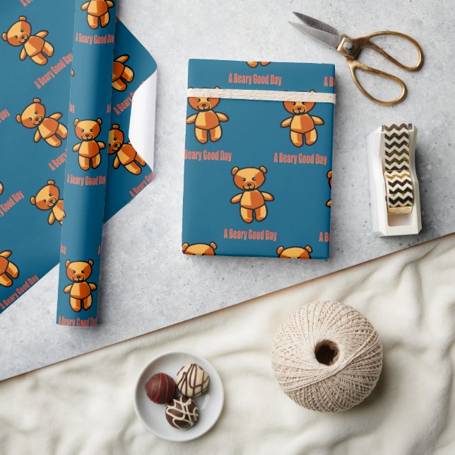 Cute Cartoon Teddy Bear Pun Illustration Wrapping Paper (Crafts)
