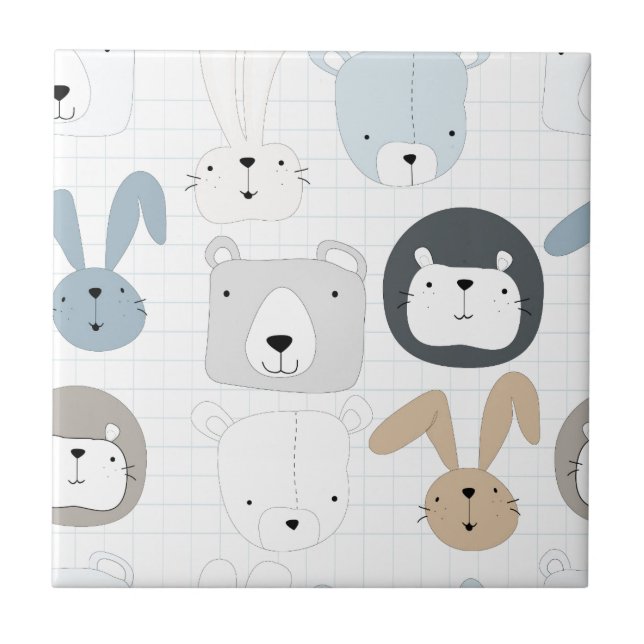 Cute cartoon teddy bear toddler and rabbit bunny ceramic tile (Front)