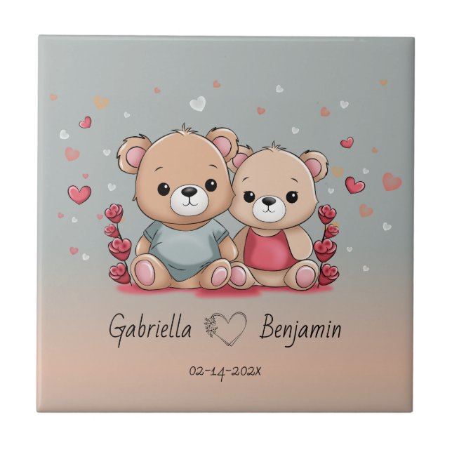 Cute Cartoon Teddy Lovers Heart Valentine’s Day Ceramic Tile (Front)