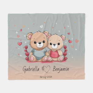 Cute Cartoon Teddy Lovers Heart Valentine’s Day Fleece Blanket