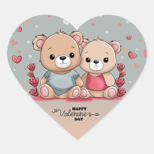 Cute Cartoon Teddy Lovers Heart Valentine’s Day Heart Sticker (Front)