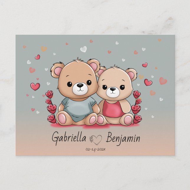 Cute Cartoon Teddy Lovers Heart Valentine’s Day Postcard (Front)