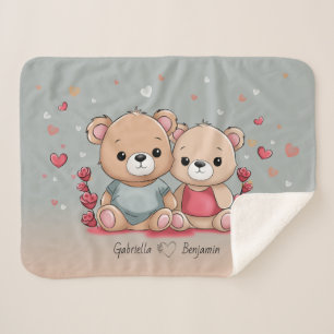 Cute Cartoon Teddy Lovers Heart Valentine’s Day Sherpa Blanket