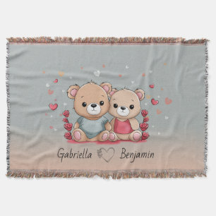 Cute Cartoon Teddy Lovers Heart Valentine’s Day  Throw Blanket