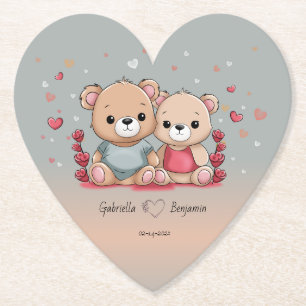 Cute Cartoon Teddy Lovers Hearts Valentine’s Day Paper Coaster