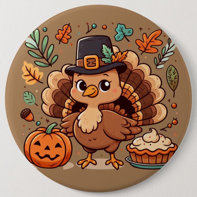 Cute Cartoon Thanksgiving turkey and pumpkin 6 Cm Round Badge (Front)
