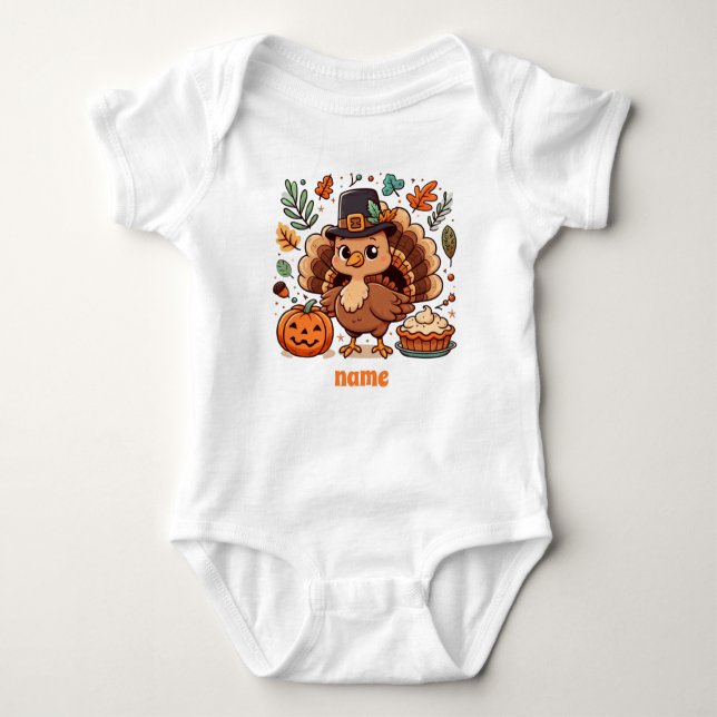 Cute Cartoon Thanksgiving turkey and pumpkin Baby Bodysuit (Front)