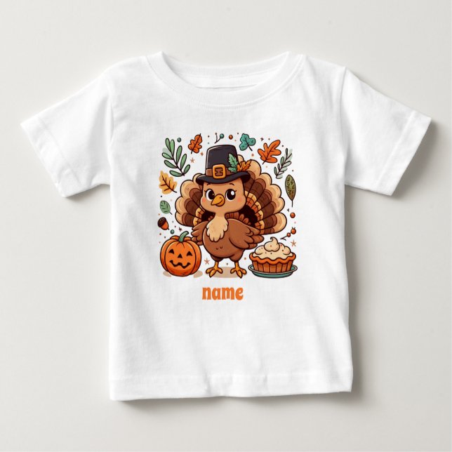 Cute Cartoon Thanksgiving turkey and pumpkin Baby T-Shirt (Front)