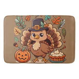 Cute Cartoon Thanksgiving turkey and pumpkin Bath Mat