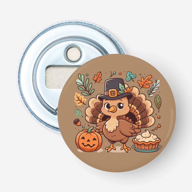 Cute Cartoon Thanksgiving turkey and pumpkin Bottle Opener (Front)