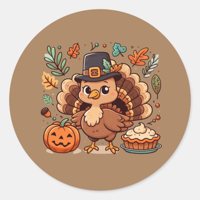 Cute Cartoon Thanksgiving turkey and pumpkin Classic Round Sticker (Front)