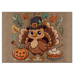 Cute Cartoon Thanksgiving turkey and pumpkin Cutting Board
