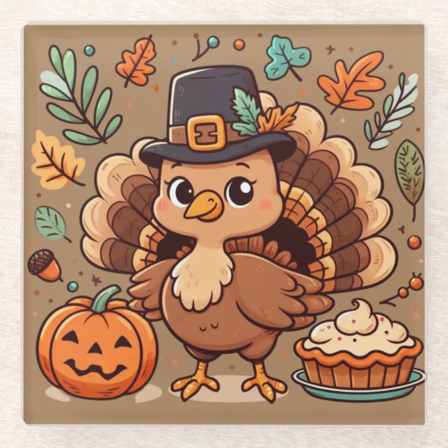 Cute Cartoon Thanksgiving turkey and pumpkin Glass Coaster (Front)
