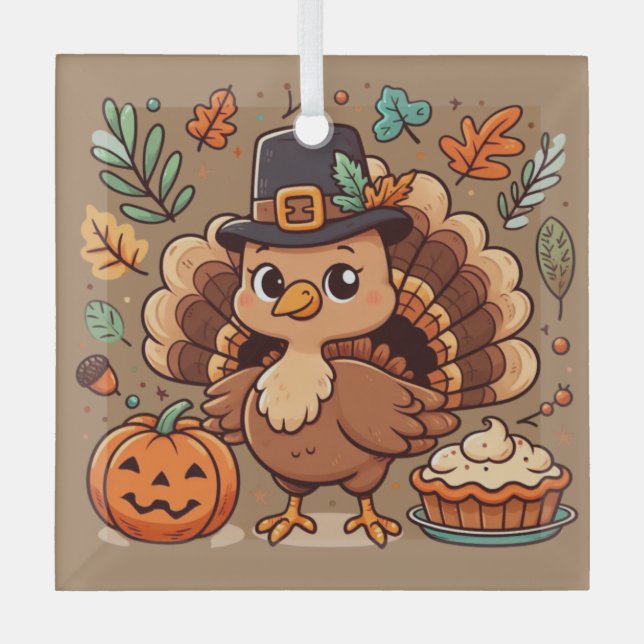 Cute Cartoon Thanksgiving turkey and pumpkin Glass Tree Decoration (Front)