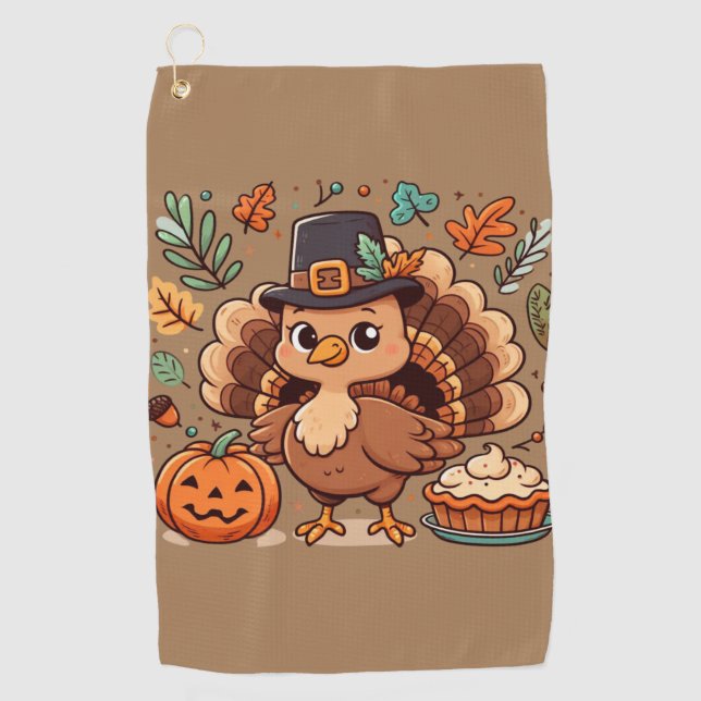 Cute Cartoon Thanksgiving turkey and pumpkin Golf Towel (Front)
