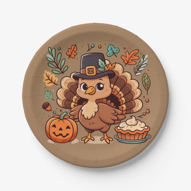 Cute Cartoon Thanksgiving turkey and pumpkin Paper Plate (Front)