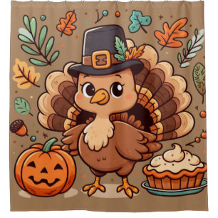 Cute Cartoon Thanksgiving turkey and pumpkin Shower Curtain