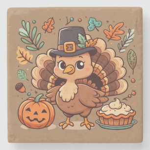 Cute Cartoon Thanksgiving turkey and pumpkin Stone Coaster