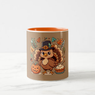 Cute Cartoon Thanksgiving turkey and pumpkin Two-Tone Coffee Mug