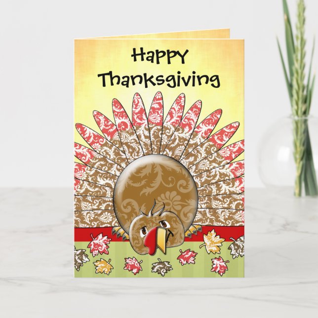 Cute Cartoon Thanksgiving Turkey Holiday Card (Front)