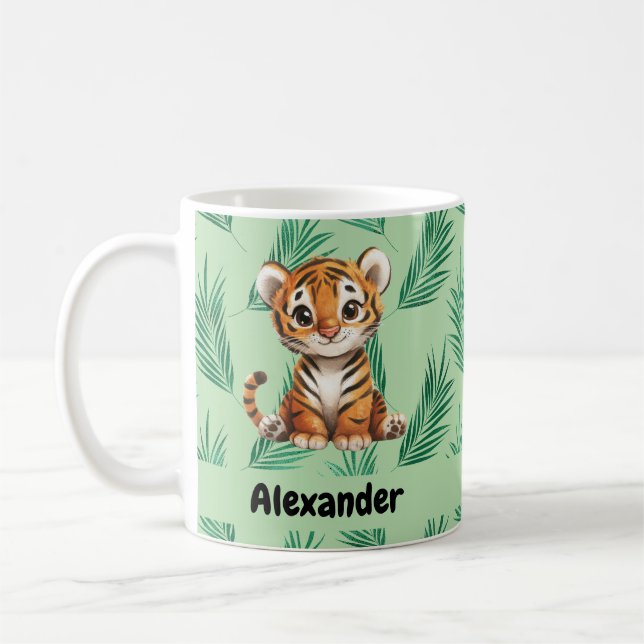 Cute Cartoon Tiger on Tropical Leaves Coffee Mug (Left)