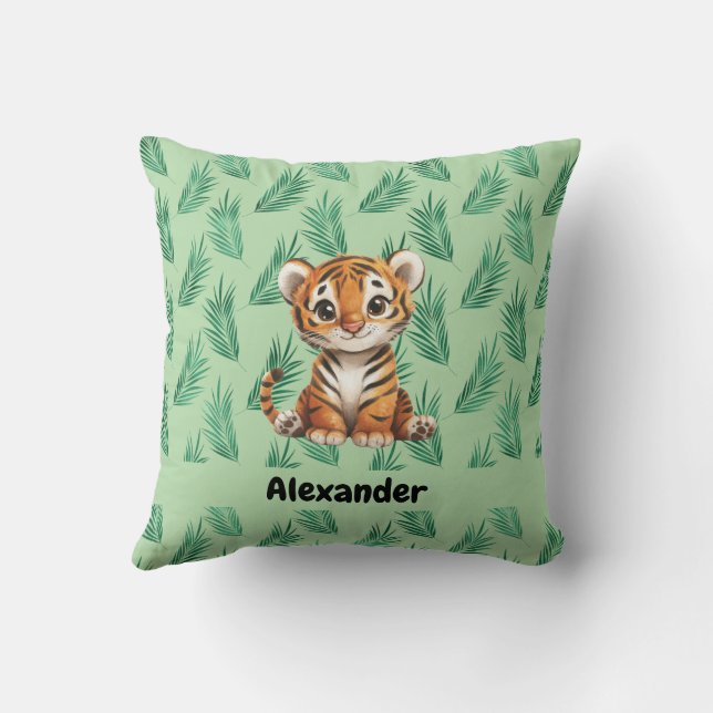 Cute Cartoon Tiger on Tropical Leaves Cushion (Back)