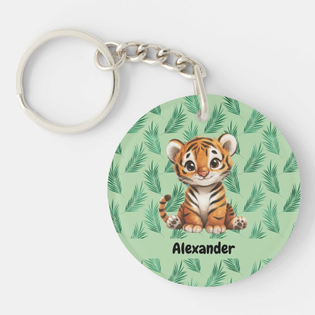 Cute Cartoon Tiger on Tropical Leaves Key Ring (Front)