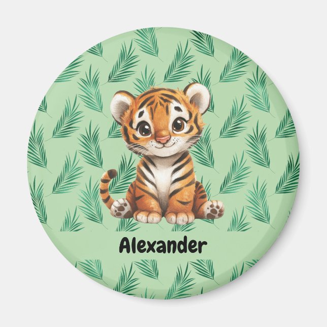 Cute Cartoon Tiger on Tropical Leaves Magnet (Front)