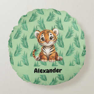 Cute Cartoon Tiger on Tropical Leaves Round Cushion