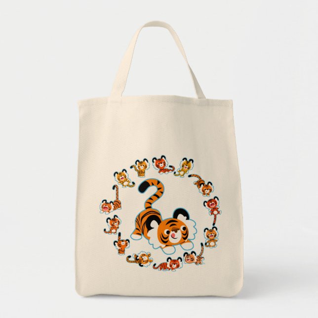 Cute Cartoon Tigers Mandala (Blue) Grocery  Bag (Front)