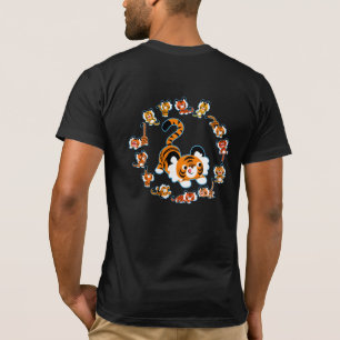 Cute Cartoon Tigers Mandala (Blue) T-Shirt (Back)