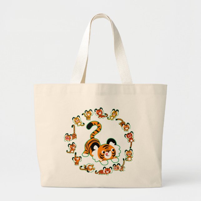 Cute Cartoon Tigers Mandala (green) Jumbo Bag (Front)