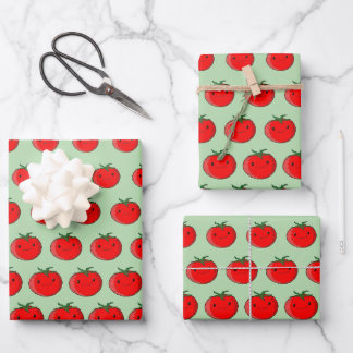 Cute Cartoon Tomato Pattern Green Wrapping Paper Sheet