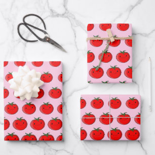 Cute Cartoon Tomato Pattern Pink Wrapping Paper Sheet