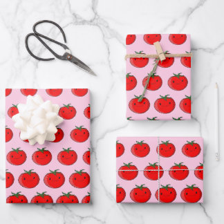 Cute Cartoon Tomato Pattern Pink Wrapping Paper Sheet