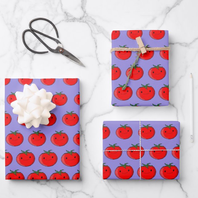 Cute Cartoon Tomato Pattern Purple Wrapping Paper Sheet (Front)
