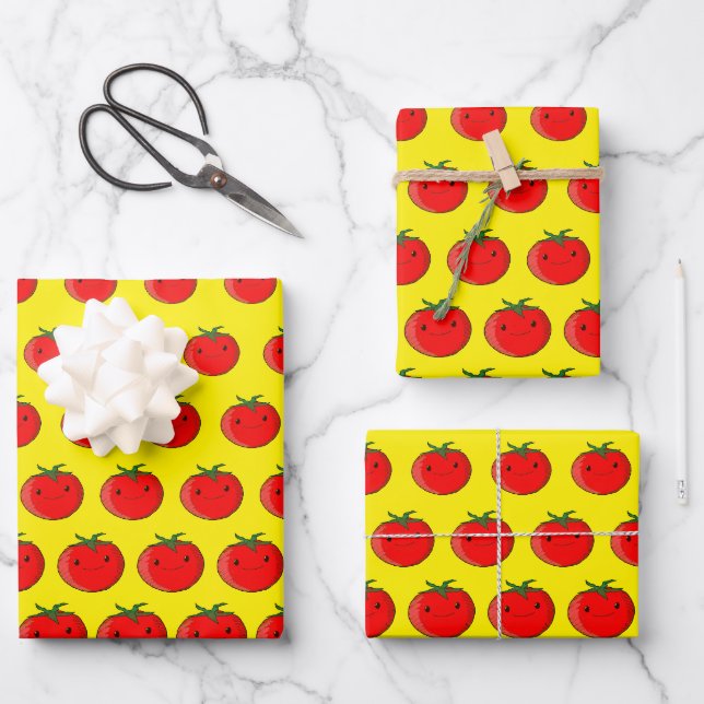 Cute Cartoon Tomato Pattern Yellow Wrapping Paper Sheet (Front)