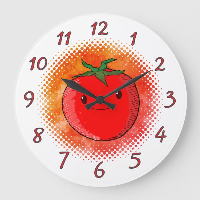 Cute Cartoon Tomato Watercolor Background Large Clock (Front)