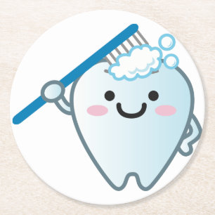Cute Cartoon Tooth Brushing with Toothbrush Round Paper Coaster