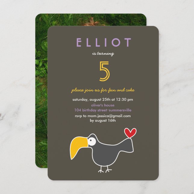 Cute Cartoon Toucan Photo Kid's Birthday Party Invitation (Front/Back)