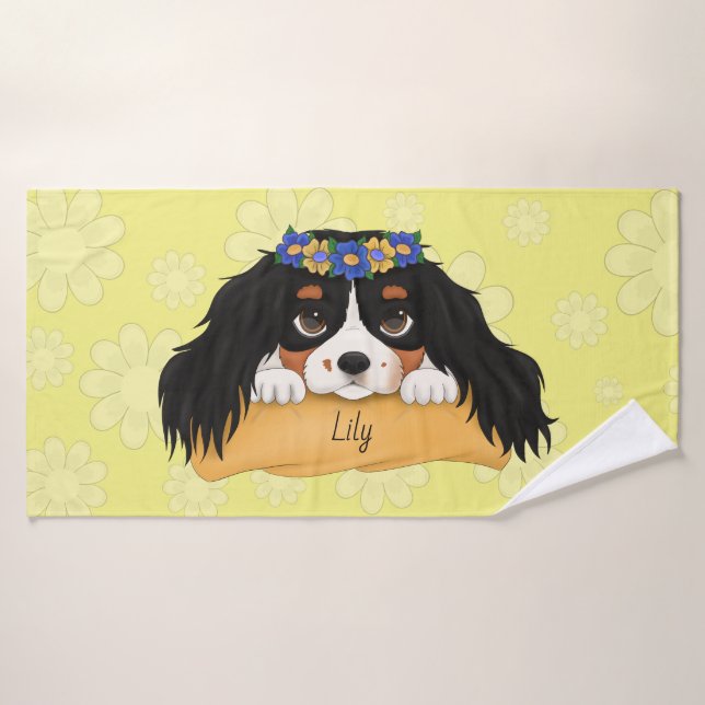 Cute Cartoon Tri Coloured Cavalier Spaniel  Bath Towel (Bath Towel)