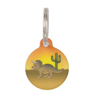 Cute Cartoon Triceratops Dinosaur In Sunset Desert Pet Tag