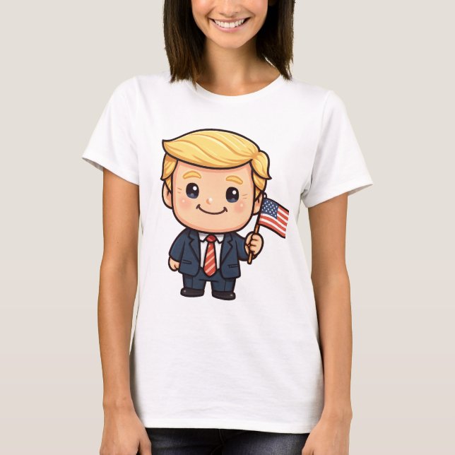 Cute Cartoon Trump T-Shirt | Patriotic American Fl (Front)