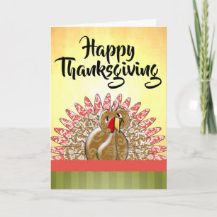 Cute Cartoon Turkey Damask Pattern Holiday Card