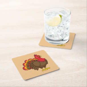 Cute Cartoon Turkey Square Paper Coaster