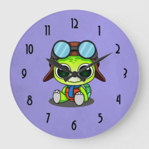 Cute Cartoon Turtle in Aviator Hat Large Clock