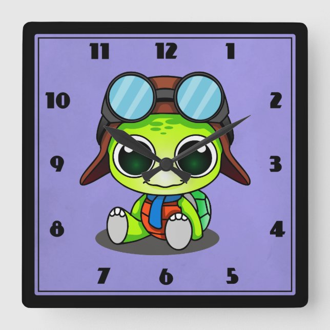 Cute Cartoon Turtle in Aviator Hat Square Wall Clock (Front)