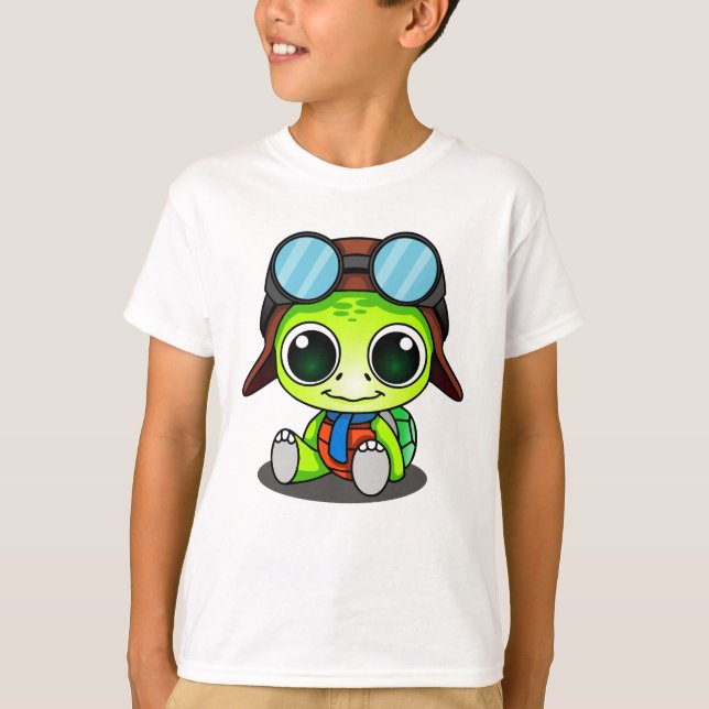 Cute Cartoon Turtle in Aviator Hat T-Shirt (Front)