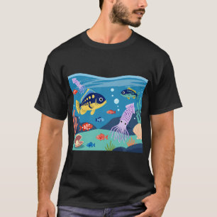 Cute Cartoon Underwater Ocean Scene with Fish and  T-Shirt